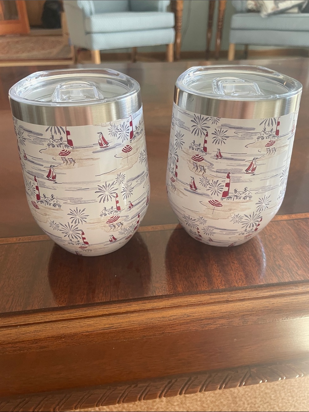 Set of 2 Southern Home Nautical-Print Insulated Stemless Wine Tumblers